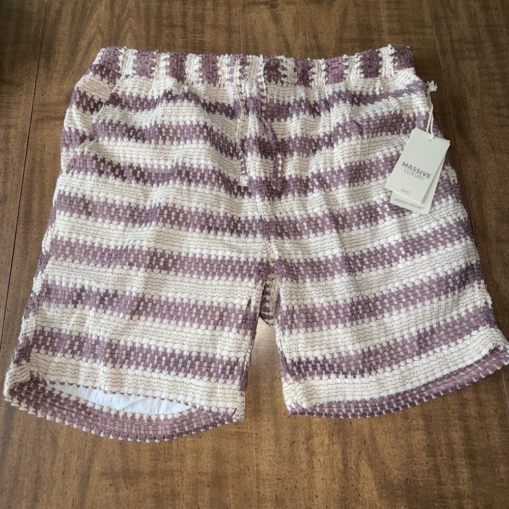 Massive Luxury NYC Mens Woven‎ Crochet Shorts Purple Striped XL Resortcore Boho